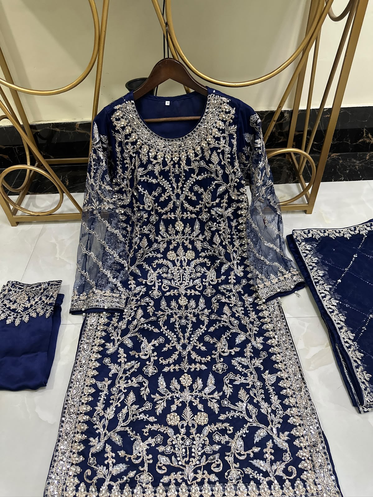 PURE NET EMBROIDERED & PEARL WORK 3PC SUIT