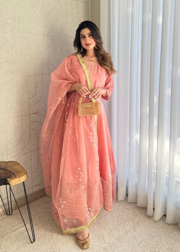 3 Pcs Full Flairy Sequence & Thread Work Rawsilk Mexi  Embroidered Organza Dupta & Silk Trouser