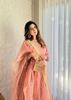 3 Pcs Full Flairy Sequence & Thread Work Rawsilk Mexi  Embroidered Organza Dupta & Silk Trouser