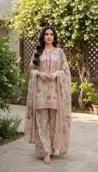 Embroidered Pure Lawn Shirt Embellished with Pearls With Plazzo & Embroidered Chiffon Dupatta
