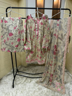 Embroidered Pure Lawn Shirt Embellished with Pearls With Plazzo & Embroidered Chiffon Dupatta