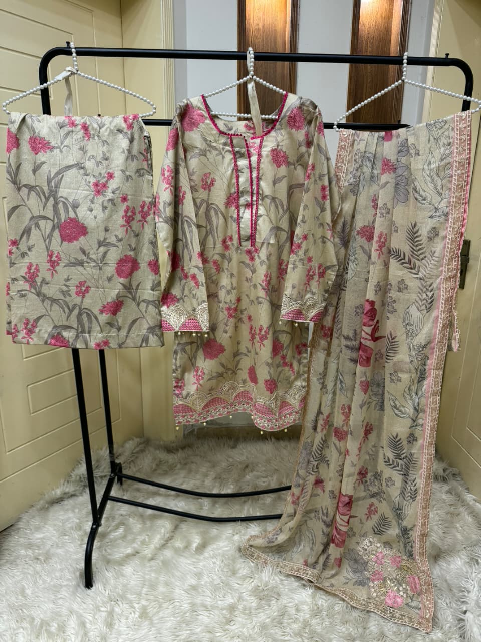 Embroidered Pure Lawn Shirt Embellished with Pearls With Plazzo & Embroidered Chiffon Dupatta