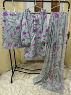 Embroidered Pure Lawn Shirt Embellished with Pearls With Plazzo & Embroidered Chiffon Dupatta