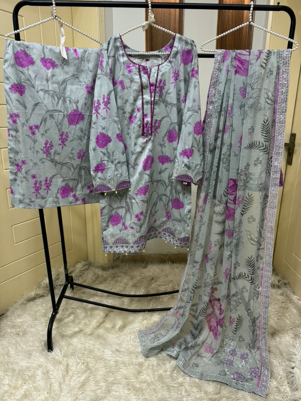 Embroidered Pure Lawn Shirt Embellished with Pearls With Plazzo & Embroidered Chiffon Dupatta