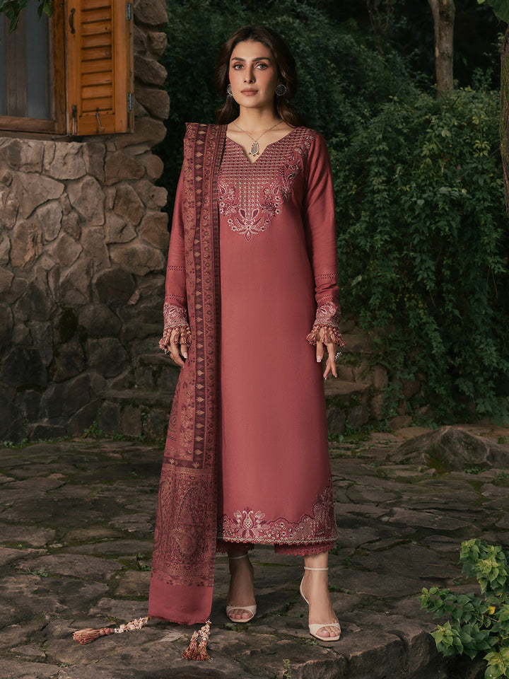 Izel Musafir Zeba – Dusty Rose Embroidered Italian Woolen 3PC Suit with Shawl