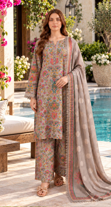 Charizma C-Print Vol-05 CPW6-01 – Beige Floral Printed Linen 3PC Suit with Printed Irish Linen Shawl