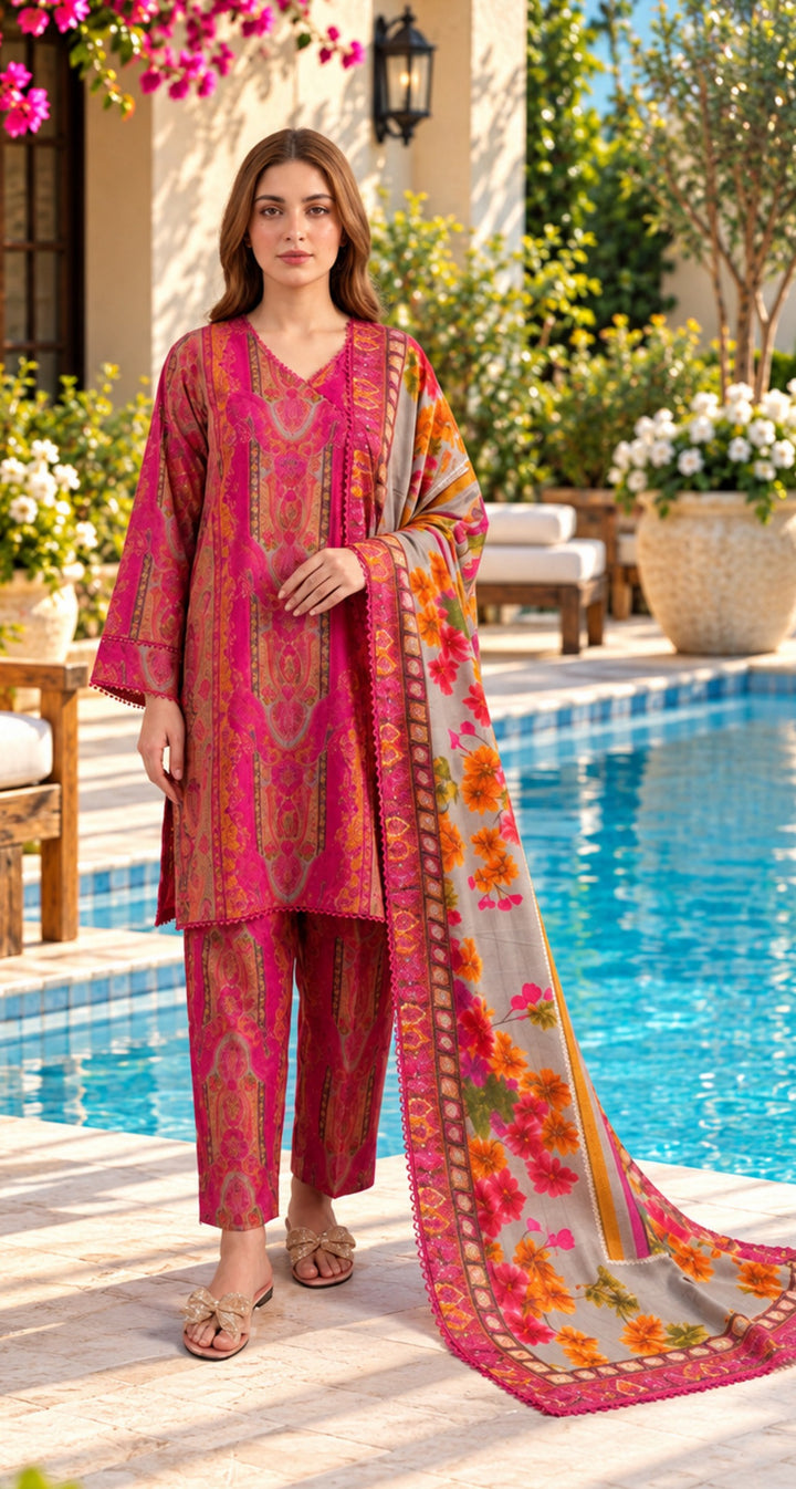 Charizma C-Print Vol-05 CPW6-04 – Hot Pink Printed Linen 3PC Suit with Printed Irish Linen Shawl