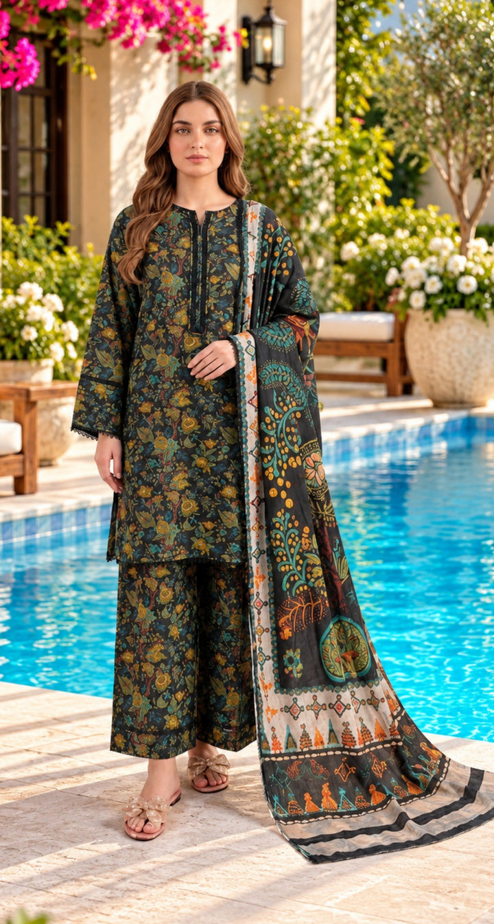 Charizma C-Print Vol-05 CPW6-05 – Bottle Green Printed Linen 3PC Suit with Printed Irish Linen Shawl