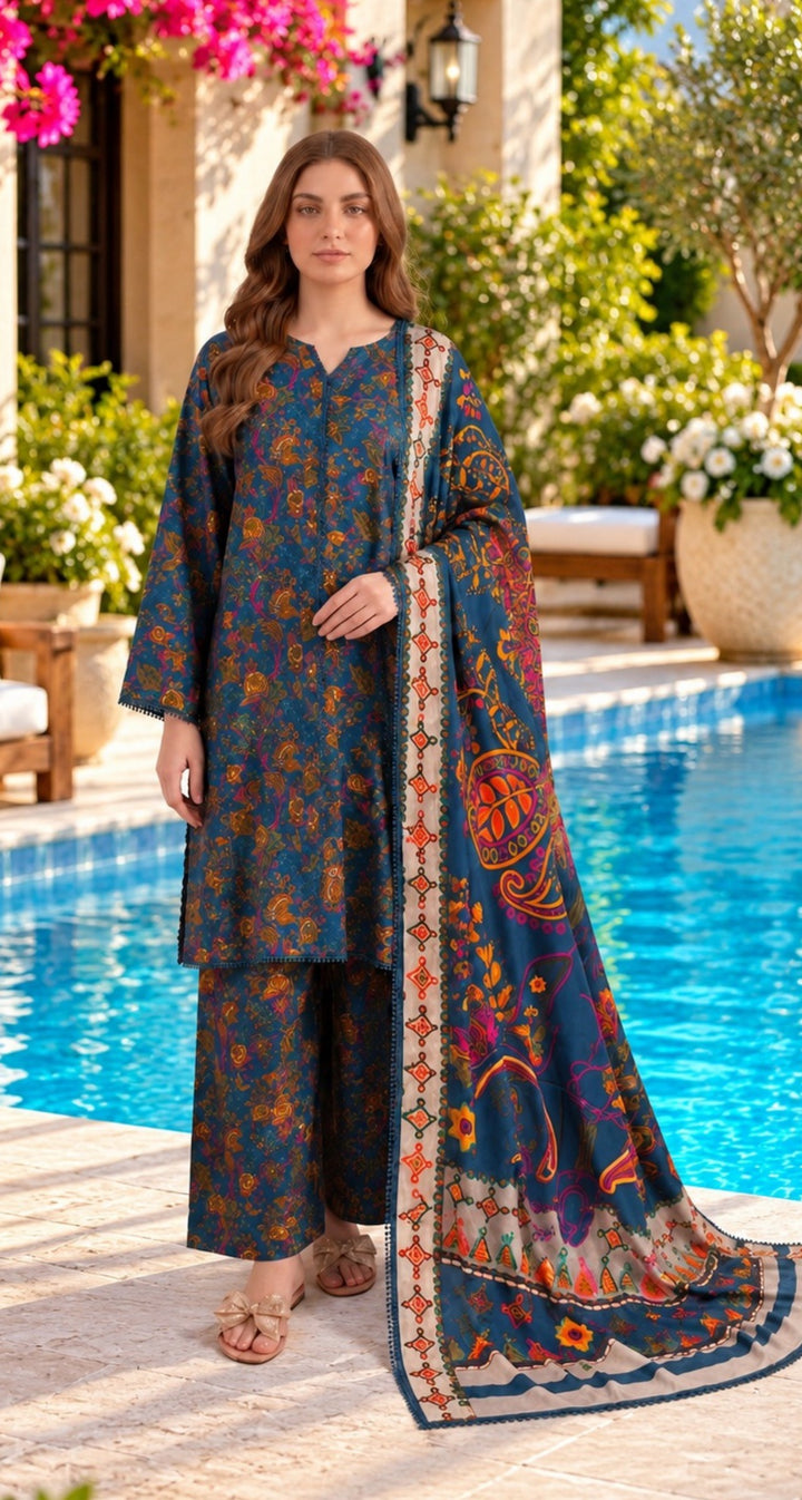 Charizma C-Print Vol-05 CPW6-07 – Navy Blue Printed Linen 3PC Suit with Printed Irish Linen Shawl