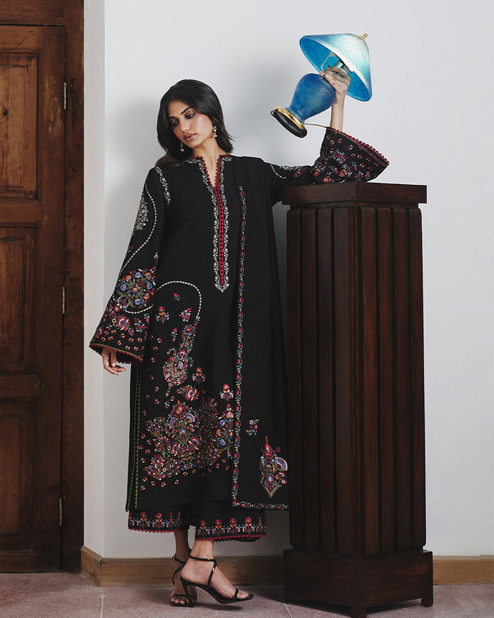 Jugnu Cyprus – Black Embroidered Karandi 3PC Suit