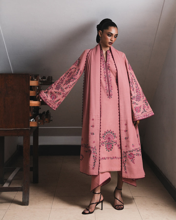 Jugnu Dahlia – Rose Gold Embroidered Karandi 3PC Suit