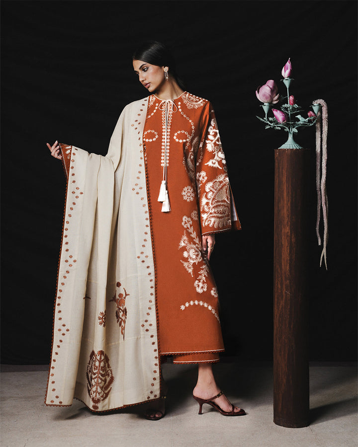 Jugnu Tazetta – Dark Pumpkin Embroidered Karandi 3PC Suit