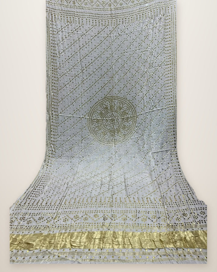 Pure Gajji Silk Bandhani Dupatta – Ivory Gold Medallion