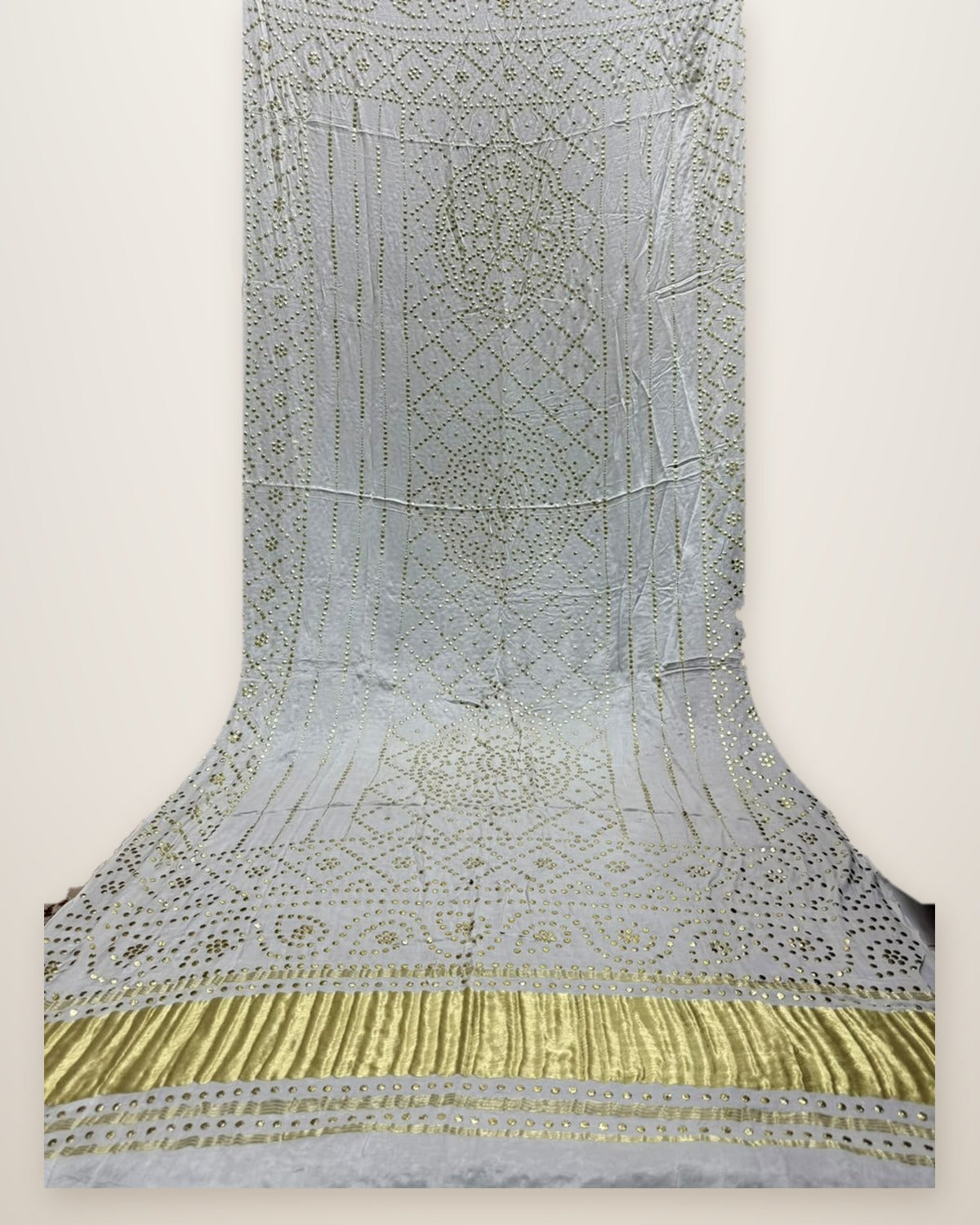 Pure Gajji Silk Bandhani Dupatta – Ivory Gold Floral