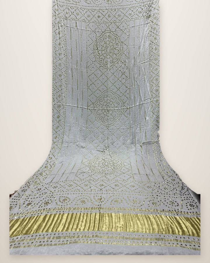 Pure Gajji Silk Bandhani Dupatta – Ivory Gold Floral