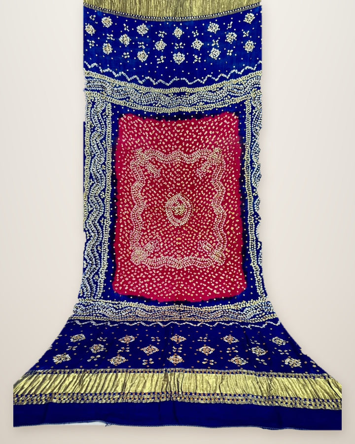 Pure Gajji Silk Bandhani Dupatta – Red & Royal Blue
