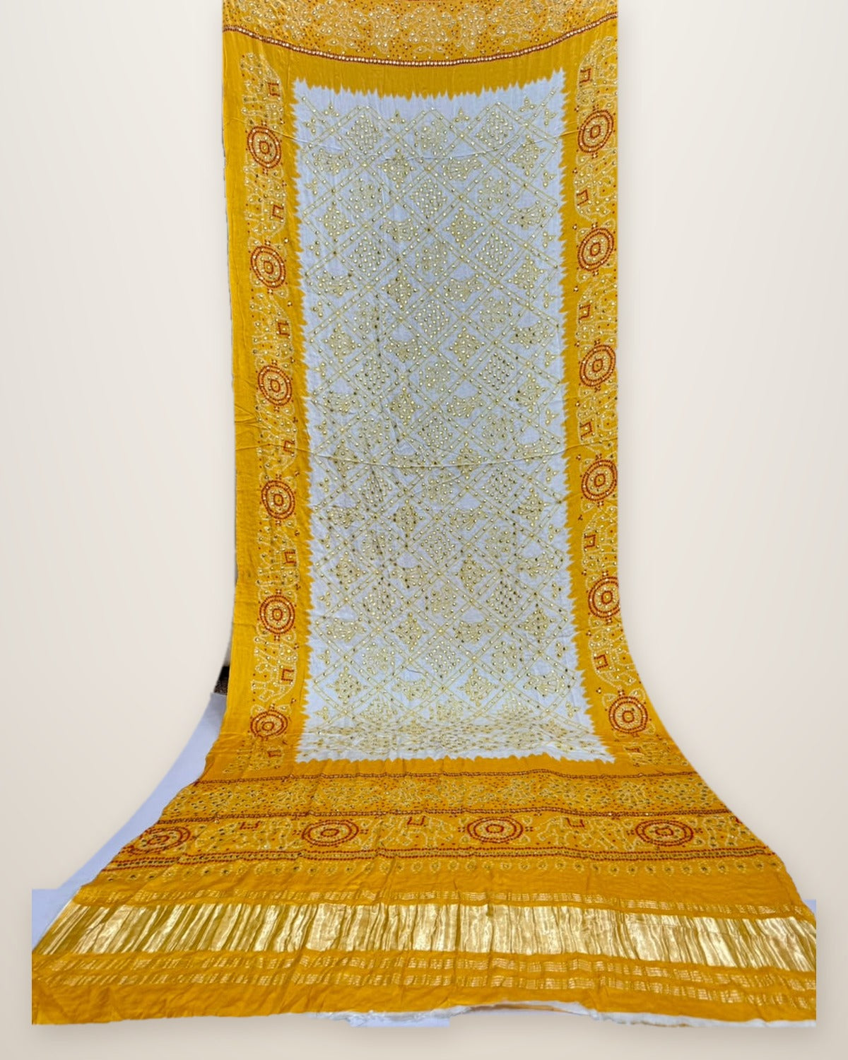 Pure Gajji Silk Bandhani Dupatta – Mustard & Ivory