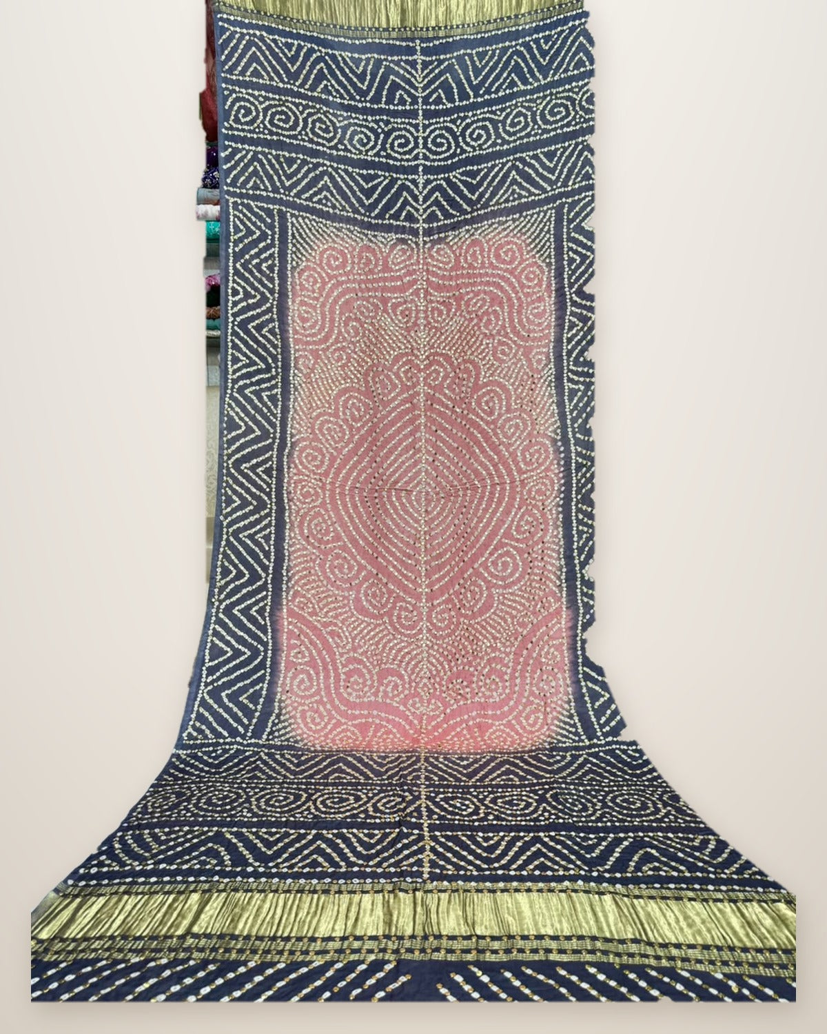Pure Gajji Silk Bandhani Dupatta – Blush Pink & Grey