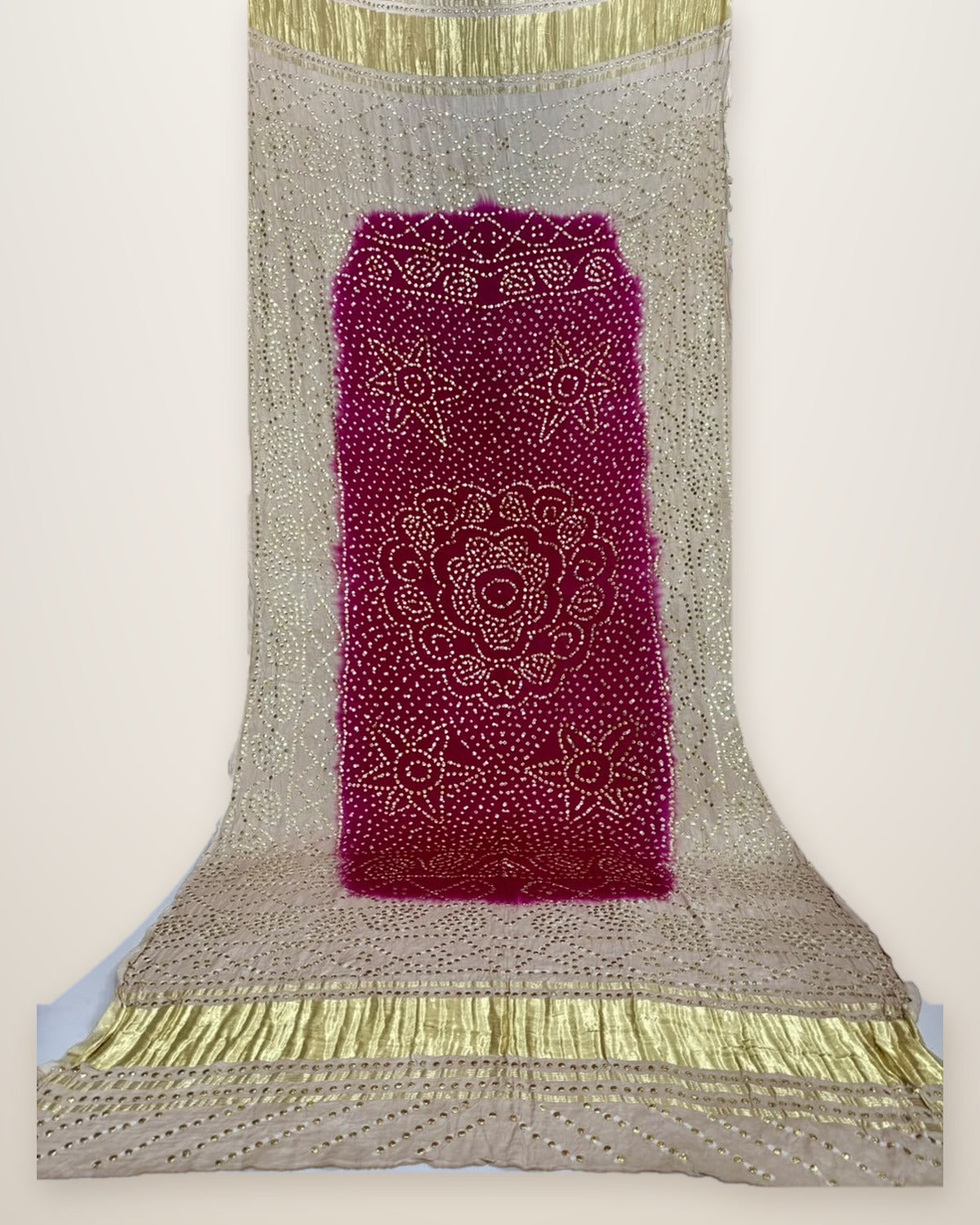 Pure Gajji Silk Bandhani Dupatta – Plum & Ivory
