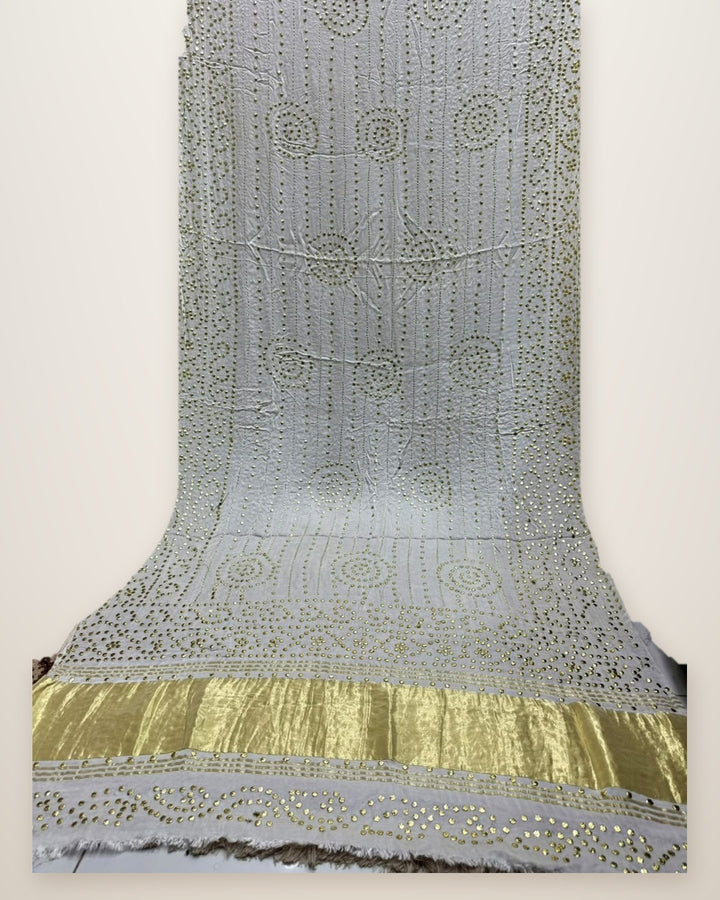 Pure Gajji Silk Bandhani Dupatta – Ivory Gold Bootis