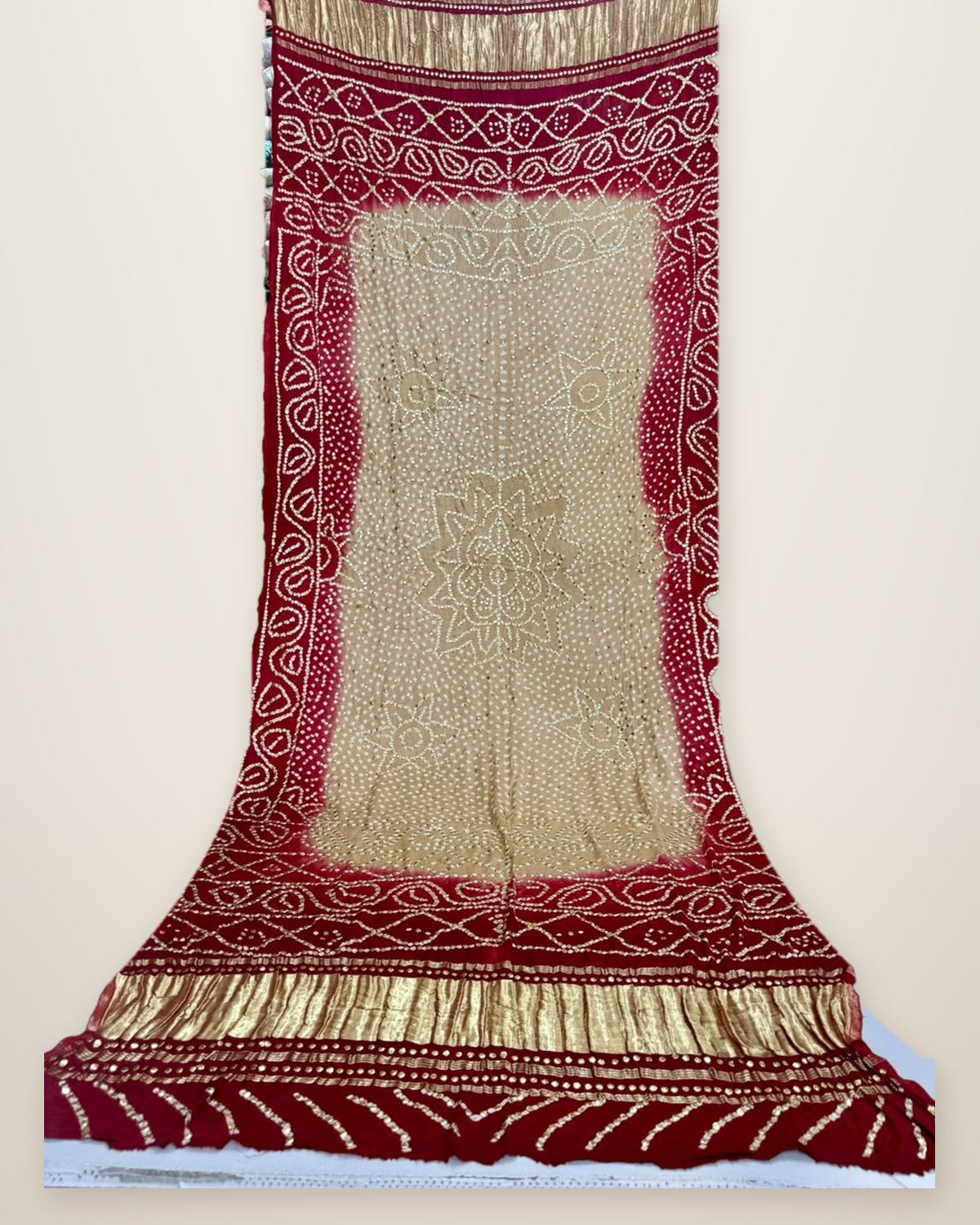 Pure Gajji Silk Bandhani Dupatta – Beige & Red