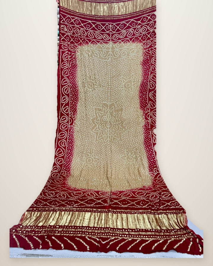 Pure Gajji Silk Bandhani Dupatta – Beige & Red