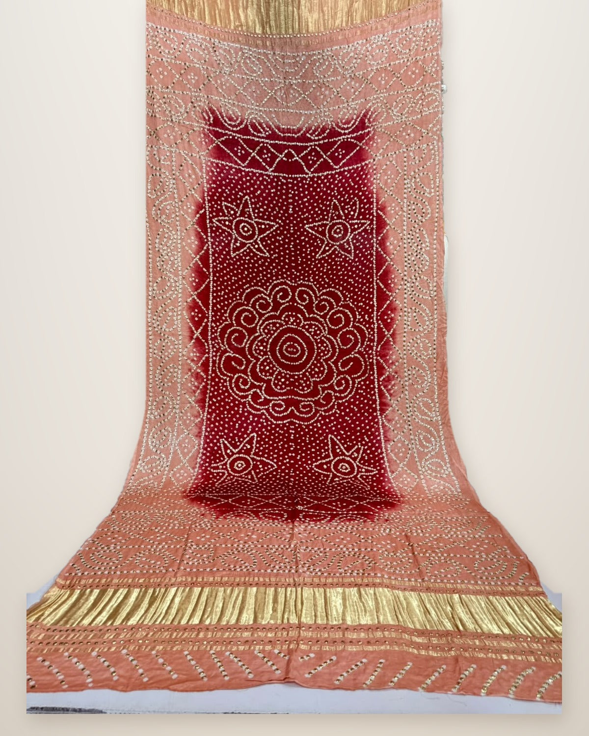 Pure Gajji Silk Bandhani Dupatta – Maroon & Peach