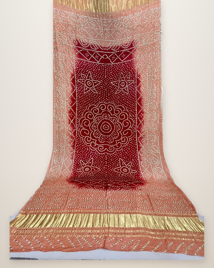Pure Gajji Silk Bandhani Dupatta – Maroon & Peach