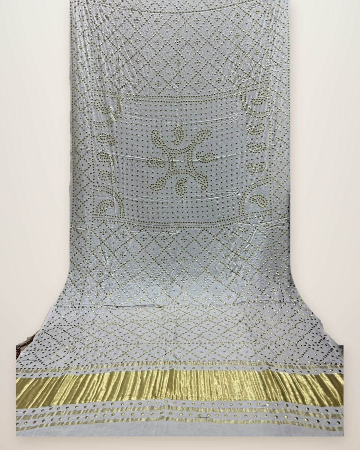 Pure Gajji Silk Bandhani Dupatta – Ivory Gold Star