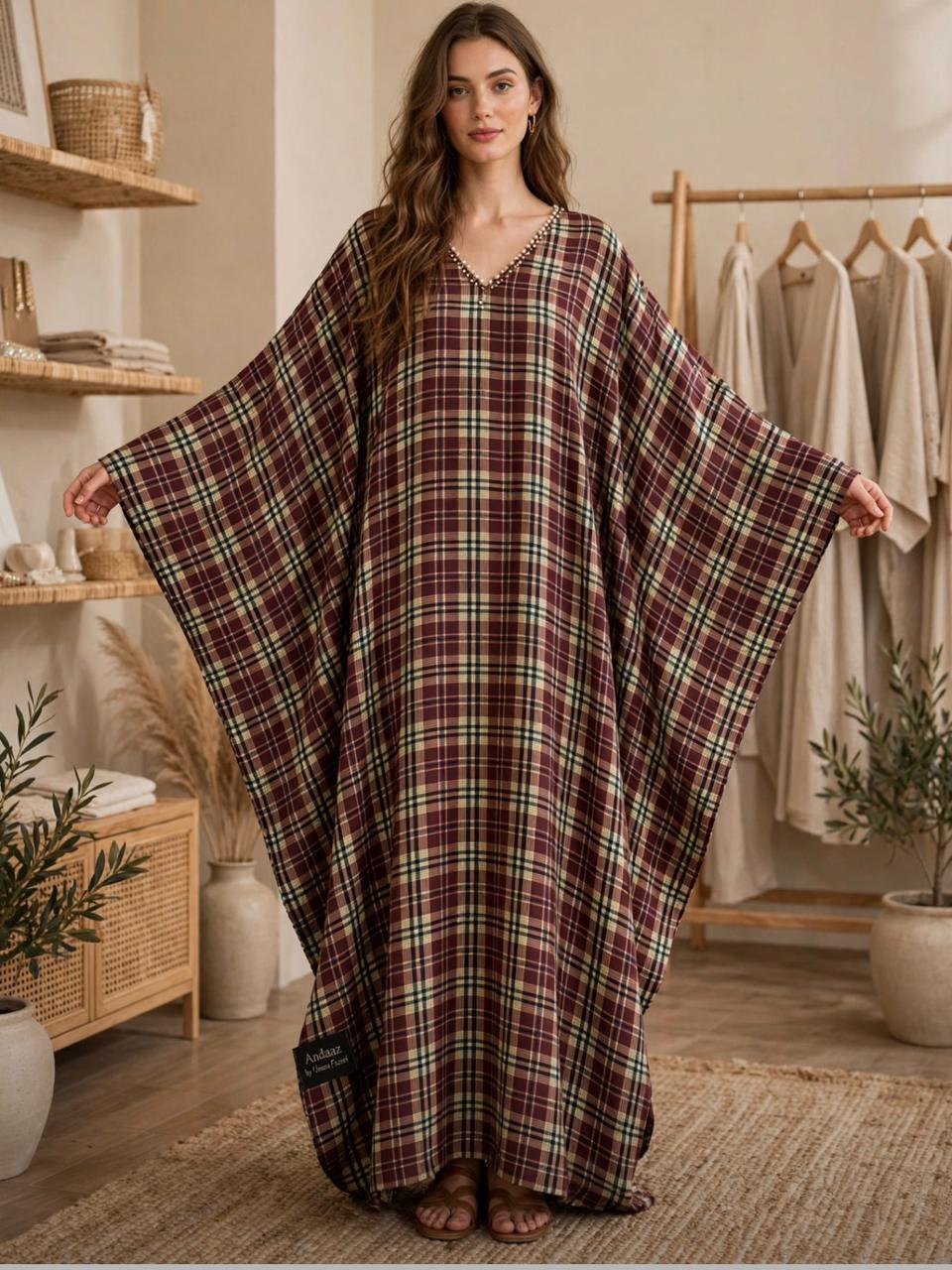 Winter Whisper Butterfly Kaftan – Brown Plaid