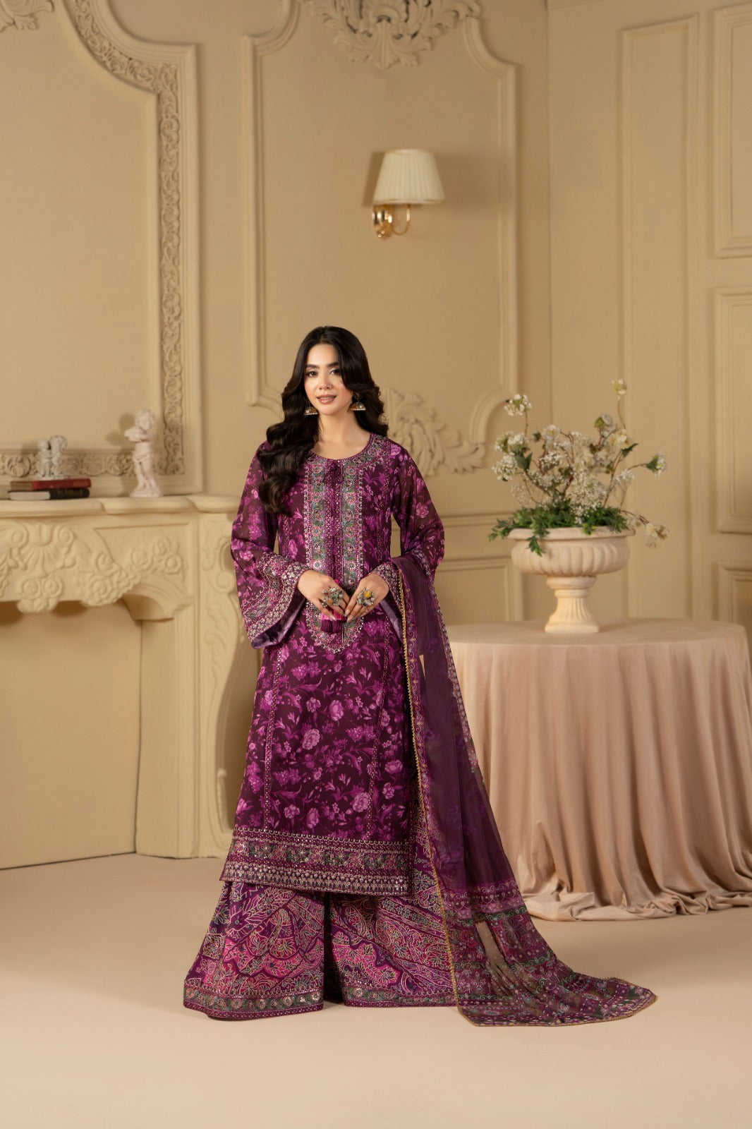 Karma Ready to Wear – Plum Berry Printed Georgette Embroidered 3PC
