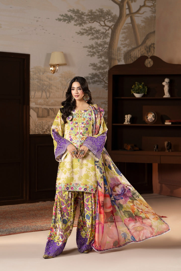 Karma Ready to Wear – Lemon Bloom Printed Georgette Embroidered 3PC