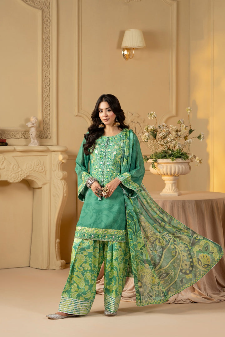 Karma Ready to Wear – Sea Green Printed Georgette Embroidered 3PC