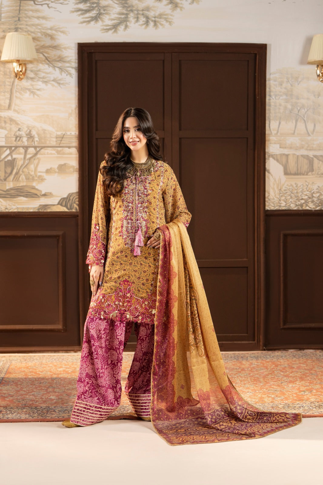 Karma Ready to Wear – Mustard Gold Printed Georgette Embroidered 3PC