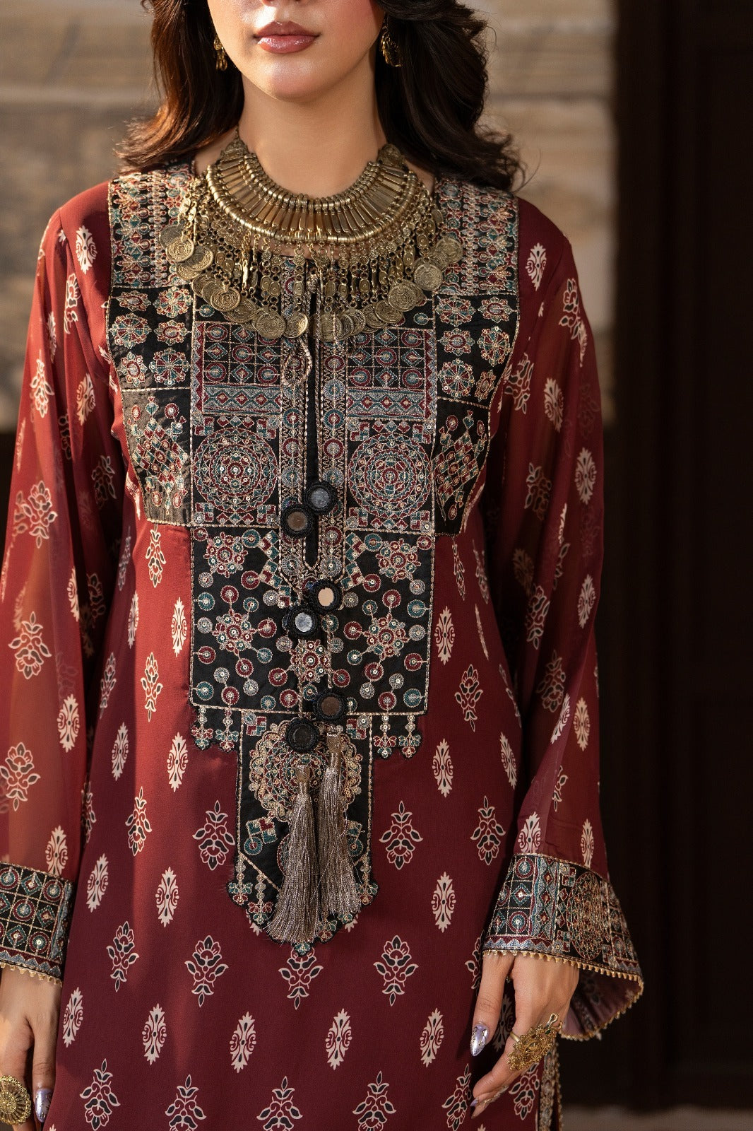 Karma Ready to Wear – Maroon Heritage Printed Georgette Embroidered 3PC