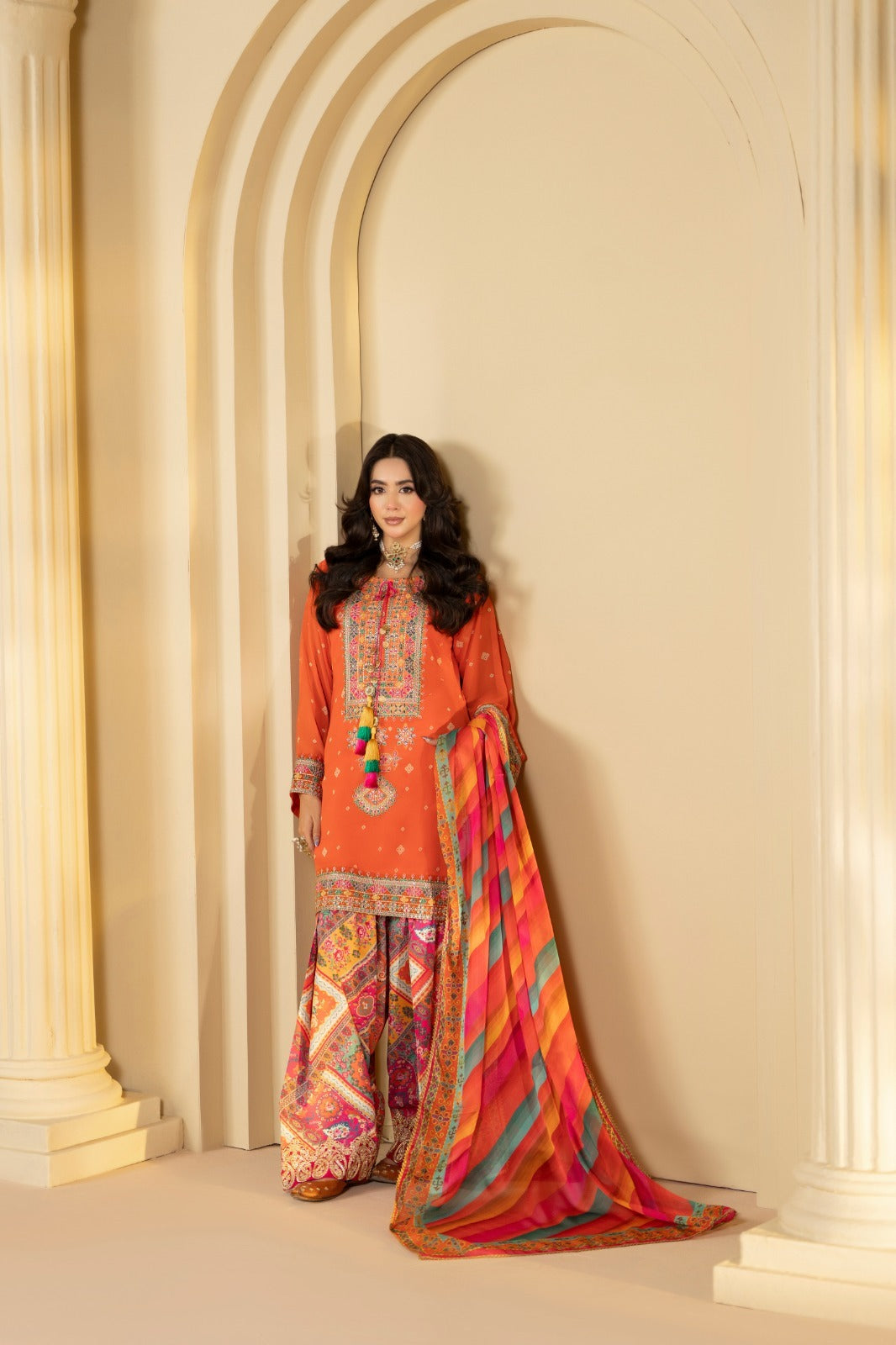 Karma Ready to Wear – Sunset Orange Printed Georgette Embroidered 3PC
