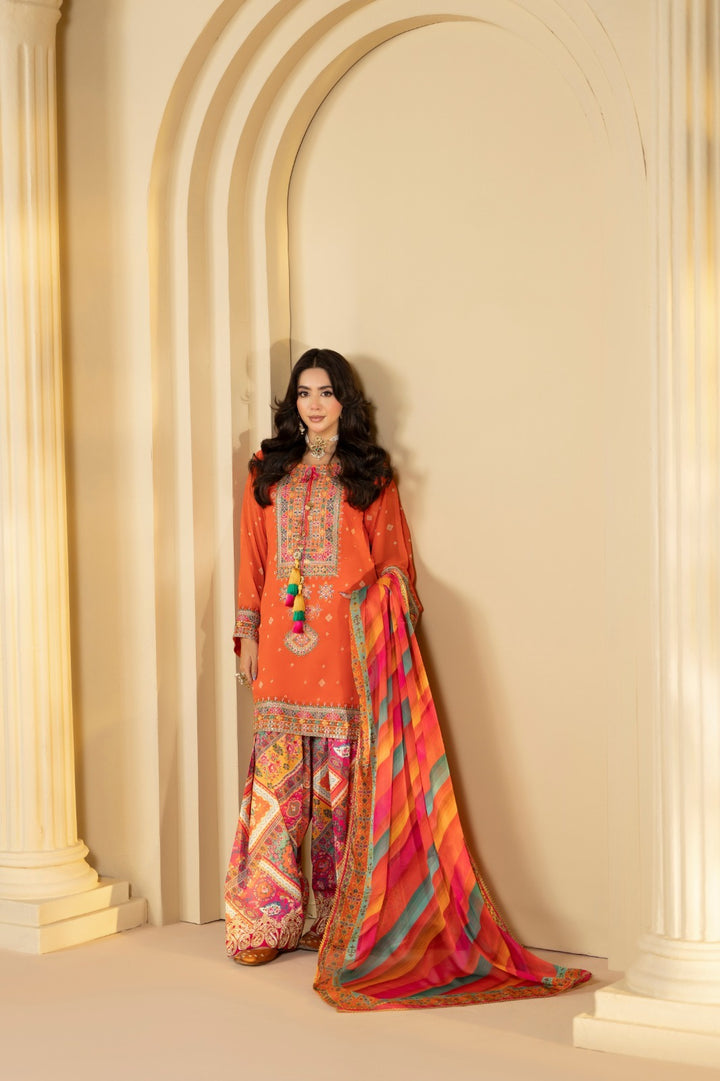 Karma Ready to Wear – Sunset Orange Printed Georgette Embroidered 3PC