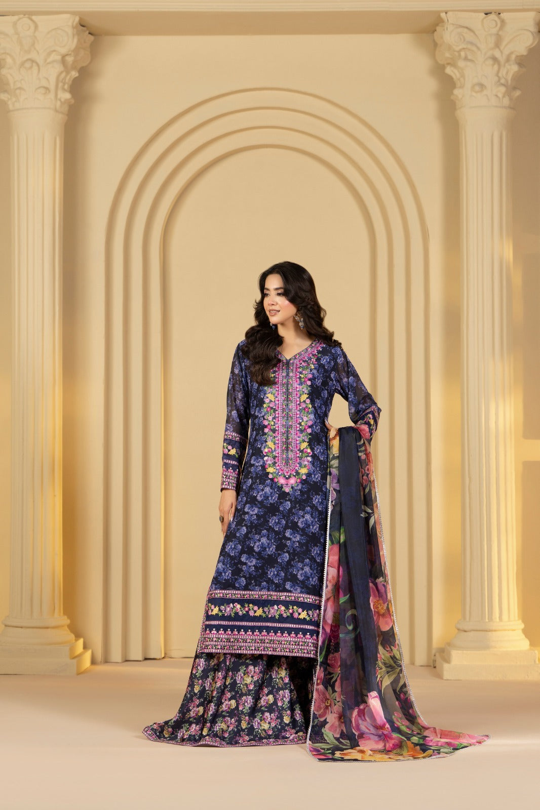 Karma Ready to Wear – Midnight Navy Printed Georgette Embroidered 3PC