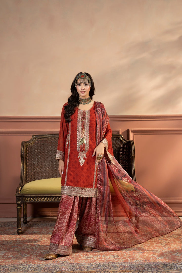 Karma Ready to Wear – Rust Red Printed Georgette Embroidered 3PC
