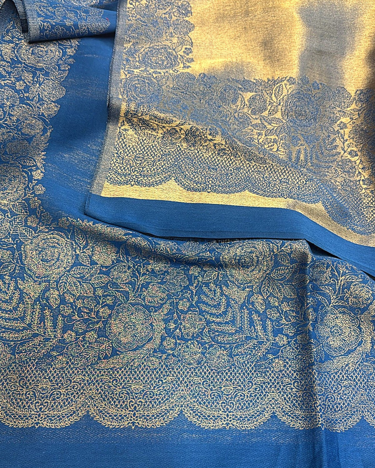 Lama Silk Reversible Kanni Shawl – Steel Blue Floral