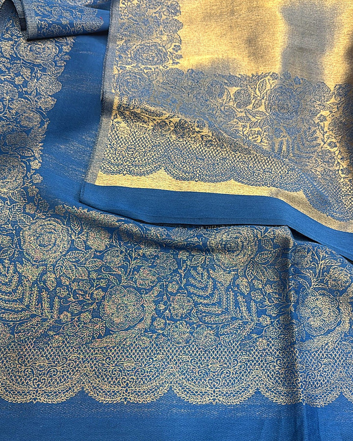 Lama Silk Reversible Kanni Shawl – Steel Blue Floral