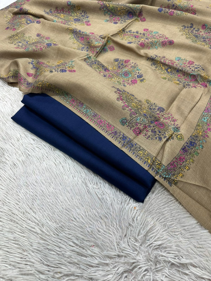 Pashmina 3PC Suit with Kashmiri Embroidered Shawl – Design 02 (Beige & Navy)