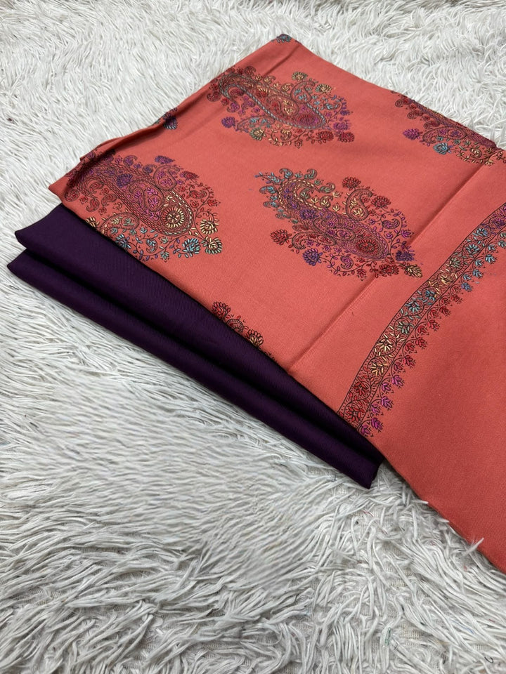 Pashmina 3PC Suit with Kashmiri Embroidered Shawl – Design 03 (Coral & Purple)