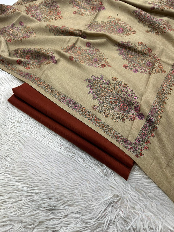Pashmina 3PC Suit with Kashmiri Embroidered Shawl – Design 04 (Beige & Rust)