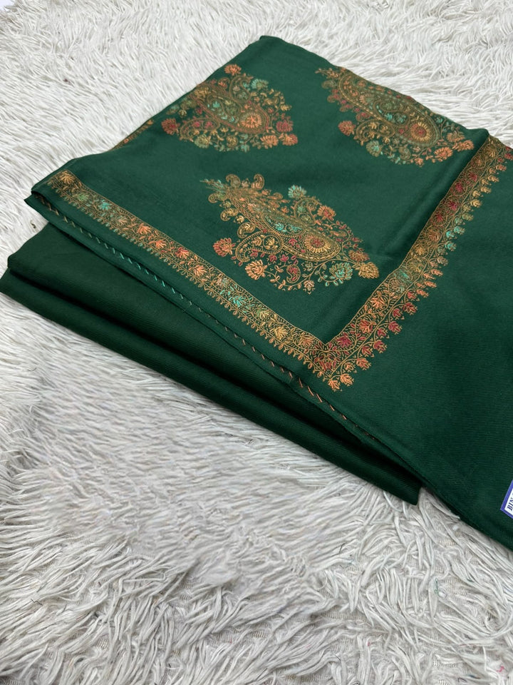 Pashmina 3PC Suit with Kashmiri Embroidered Shawl – Design 05 (Bottle Green)