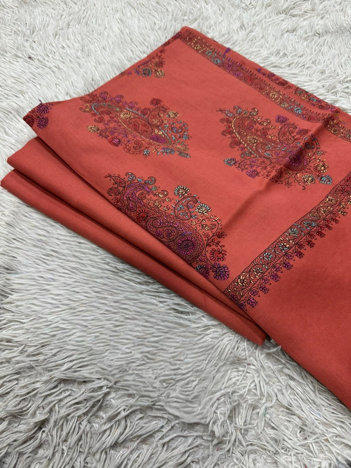 Pashmina 3PC Suit with Kashmiri Embroidered Shawl – Design 06 (Coral & Rust)