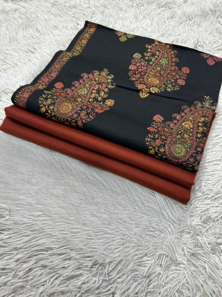 Pashmina 3PC Suit with Kashmiri Embroidered Shawl – Design 08 (Black & Rust)