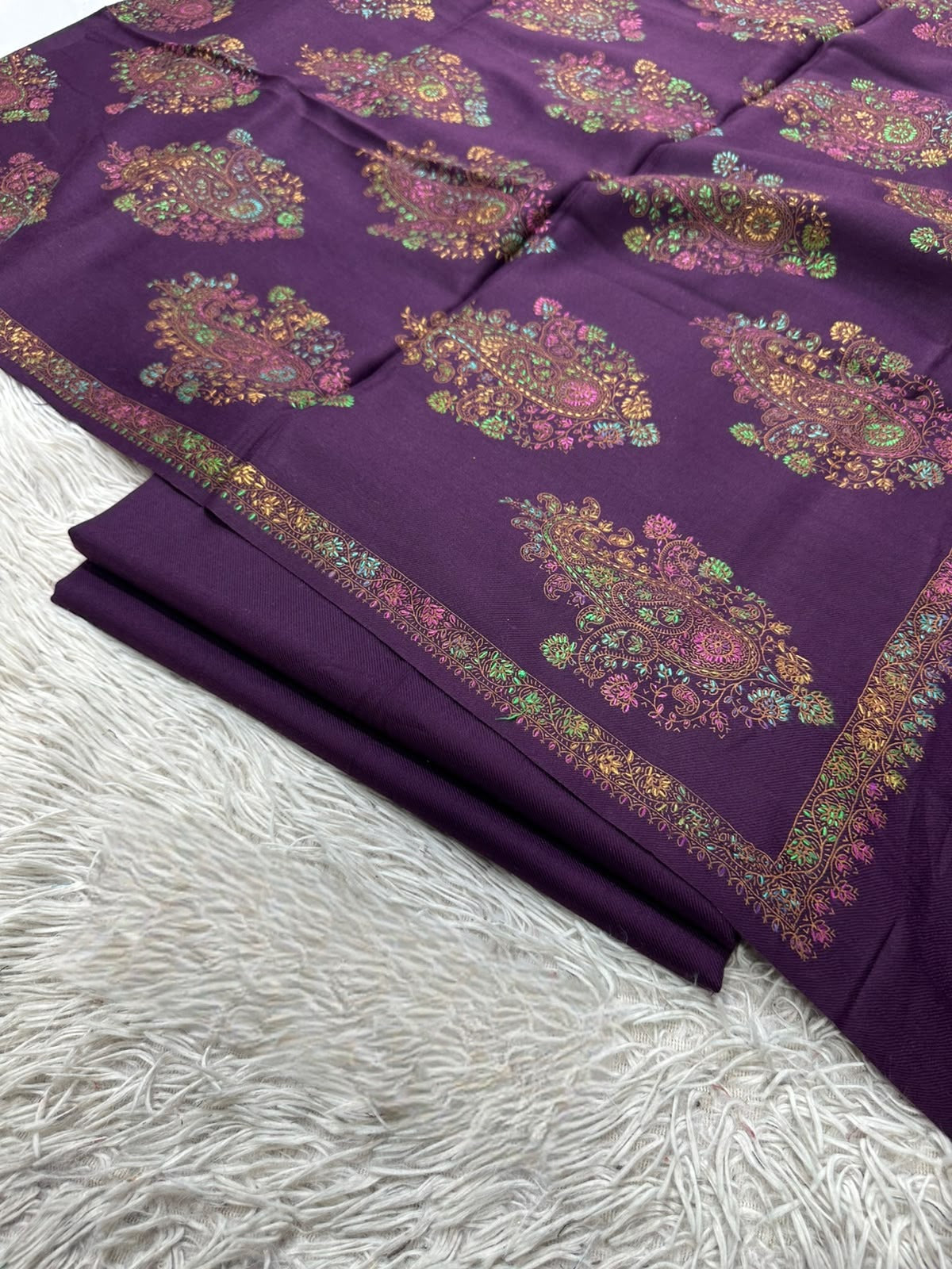 Pashmina 3PC Suit with Kashmiri Embroidered Shawl – Design 09 (Purple)