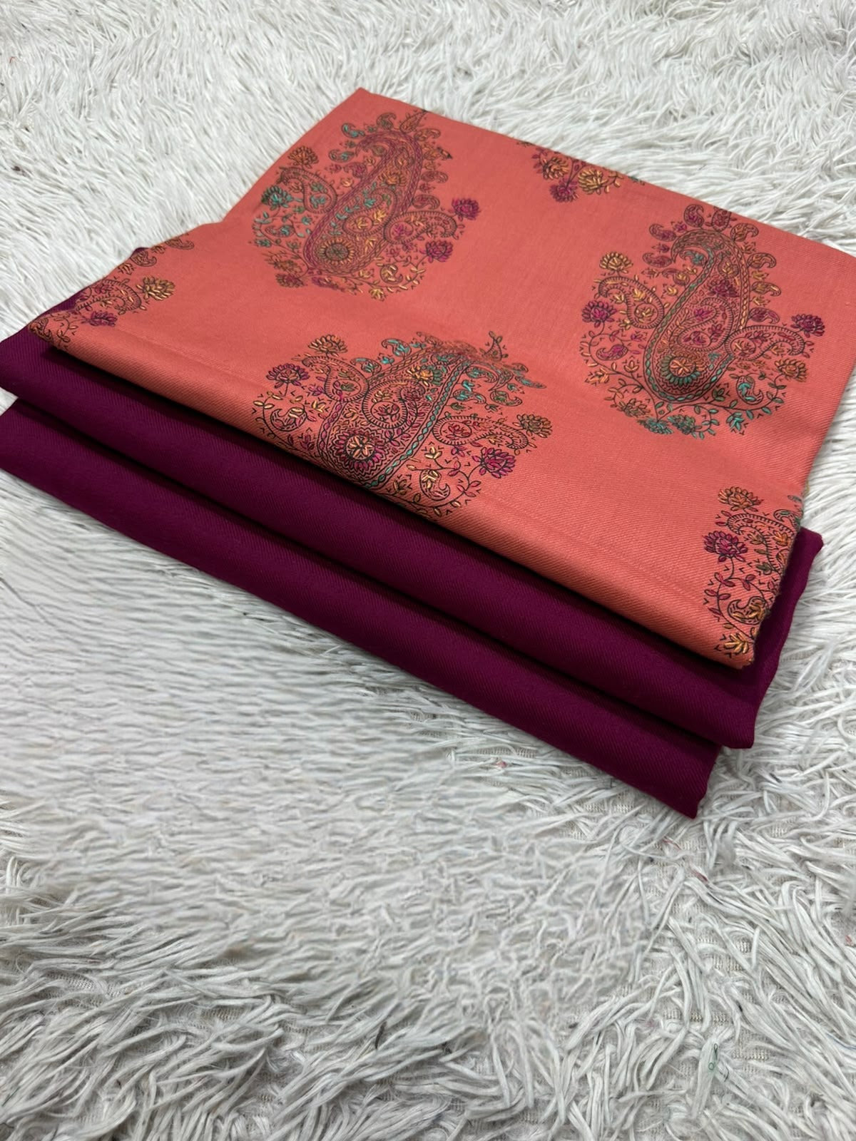 Pashmina 3PC Suit with Kashmiri Embroidered Shawl – Design 13 (Coral & Magenta)