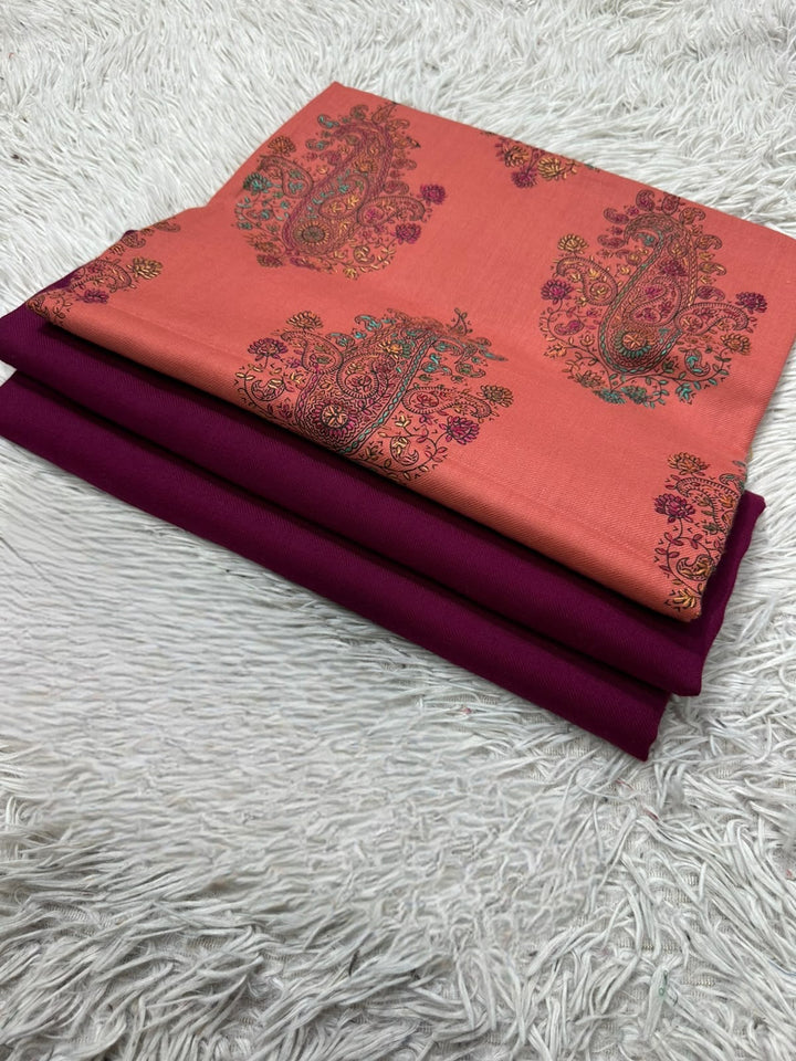 Pashmina 3PC Suit with Kashmiri Embroidered Shawl – Design 13 (Coral & Magenta)